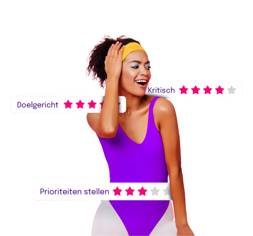 A person in a purple swimsuit with their face obscured, surrounded by Dutch text and star ratings indicating various attributes. The text reads “Doelgericht” (goal-oriented), “Kritisch” (critical), and “Prioriteiten stellen” (prioritize), with five, four, and three stars respectively.