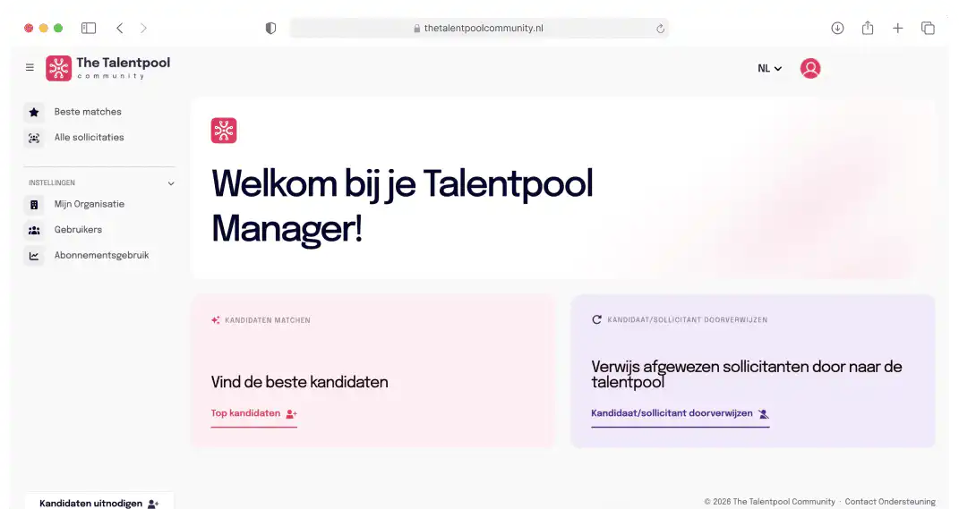 Screenshot van Talentpool Manager met opties voor het vinden van kandidaten en het doorverwijzen naar talentpool