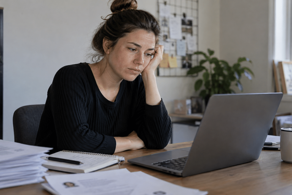 Werkzoekende achter laptop tijdens het solliciteren, omringd door cv’s en sollicitatiedocumenten.